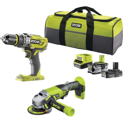 Ryobi R18PDAG-242S 5133003842 (шуруповерт, болгарка, 2 АКБ, сумка)