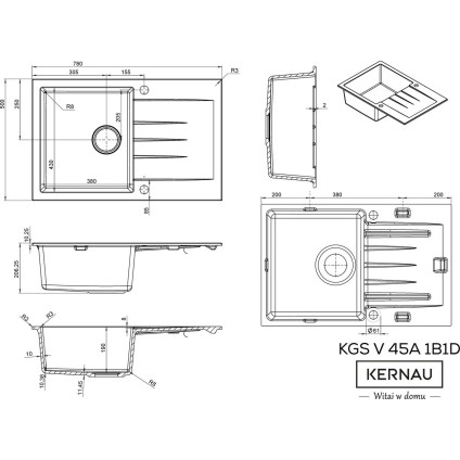 Кухонная мойка Kernau KGS V 45A 1B1D Black Metallic