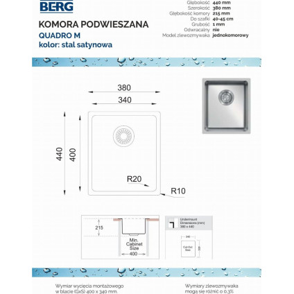 Кухонная мойка Berg Quadro 340 GT10K